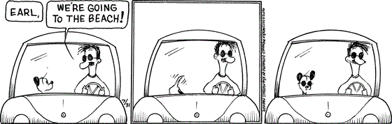 July 31 2023, Daily Comic Strip: In this MUTTS strip, Earl is in the passenger seat of Ozzie's car. Ozzie, who's wearing sunglasses, says, "Earl, we're going to the beach!" Earl disappears for a moment then reappears, also wearing sunglasses. 