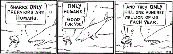 August 12 2023, Daily Comic Strip: In this MUTTS comic, a shark tells Crabby, "Sharks' only predators are humans." Crabby replies, "Only humans! Good for you!" The shark continues, "And they only kill one hundred million of us each year." 