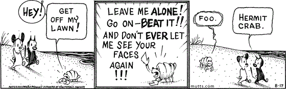 August 17 2023, Daily Comic Strip: In this MUTTS strip, a crankly little crab yells at Mooch and Earl, "Hey! Get off my lawn! Leave me alone! Go on — beat it!! And don't ever let me see your faces again!!! Foo." As the pair walk away, Mooch explains to Earl, "Hermit crab."