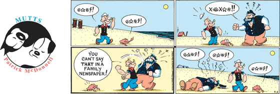 September 3 2023, Sunday Comic Strip: In this colorful MUTTS strip, Popeye and Crabby walk the beach and the pair saltily say, "@*#$!" Bluto approaches the pair and says, "x+x*#!!" prompting Popeye to punch him and say, "You can't say that in a family newspaper!" As they walk away, all three say "@*#$!"