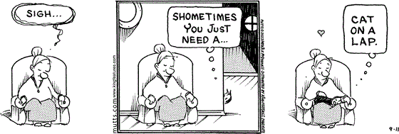 September 11 2023, Daily Comic Strip: In this MUTTS strip, Millie sits in her chair with a, "Sigh..." Mooch hops in her lap and thinks, "Shometimes you just need a cat on a lap." 