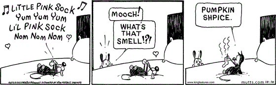 October 10 2023, Daily Comic Strip: In this MUTTS comic, Mooch is playing with his beloved Little Pink Sock singing, "Little Pink Sock, yum yum yum, Li'l Pink Sock, nom nom nom." A bewildered Earl says, "Mooch! What's that smell!?!" Mooch holds up the sock and replies, "Pumpkin shpice." 