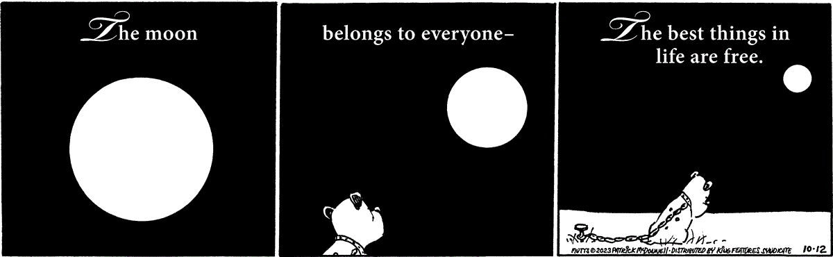 October 12 2023, Daily Comic Strip: In this MUTTS comic, we Guard Dog looking up at the moon alongside the phrase, 