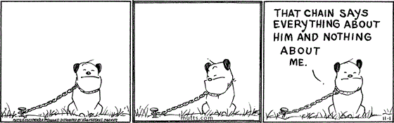 November 1 2023, Daily Comic Strip: In this MUTTS strip, Guard Dog looks at his chain, then looks up and says, "That chain says everything about him and nothing about me." 