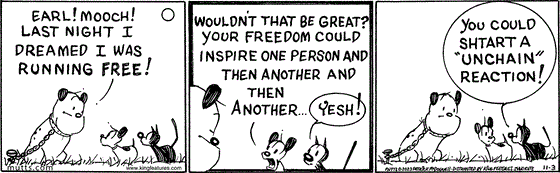 November 3 2023, Daily Comic Strip: In this MUTTS strip, Guard Dog tells the pair, "Earl! Mooch! Last night I dreamed I was running free!" Earl replies, "Wouldn't that be great? Your freedom could inspire one person and then another and then another..." Mooch chimes in, "Yesh! You could shtart an 'unchain' reaction!" 