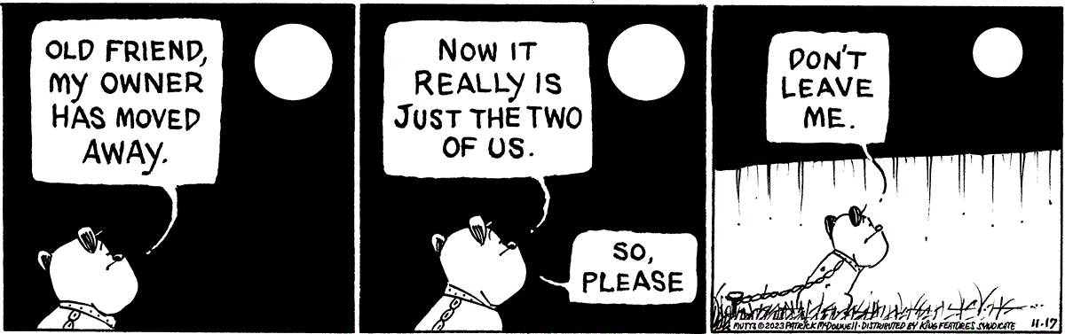 In this MUTTS comic, Guard Dog looks to the night sky, speaking to his last remaining companion, the moon. He says, 