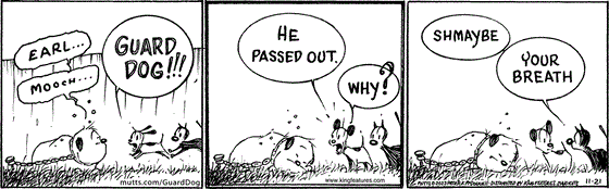 In This MUTTS comic strip, Mooch and Earl make their way to Guard Dog who'e sleeping away. "He passed out. Why?" Earl wonders. "Shmaybe your breath." Mooch replies.