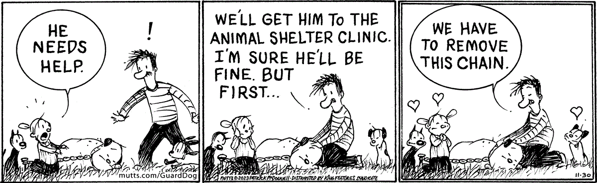 In this MUTTS comic strip, Ozzie finds Guard Dog, Doozy and Mooch. Guard Dog is in bad shape and needs help. 