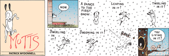 In this colorful MUTTS comic, Earl dances wildly through the season's first snow.