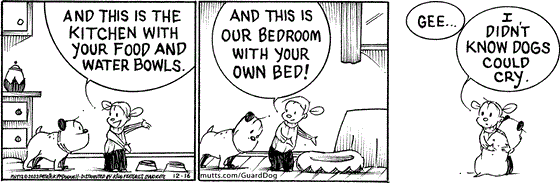 In this MUTTS comic, Doozy walks Guard Dog around her house, now his new home. She shows him his food and water bowls and his bed and Guard Dog begins to cry. "I didn't know dogs could cry," Doozy thinks.