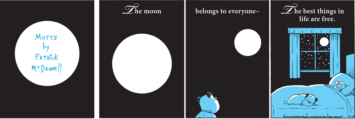 In this colorful MUTTS comic strip, Guard Dog looks to the moon in the sky before falling asleep at the foot of Doozy's bed. 